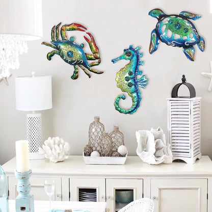Weibefee Metal Sea Turtle Seahorse Crab Beach Themed Bathroom Wall Art Decor, Ocean Themed Wall Decorations for Home Bathroom,10 Inch, Set of 3…