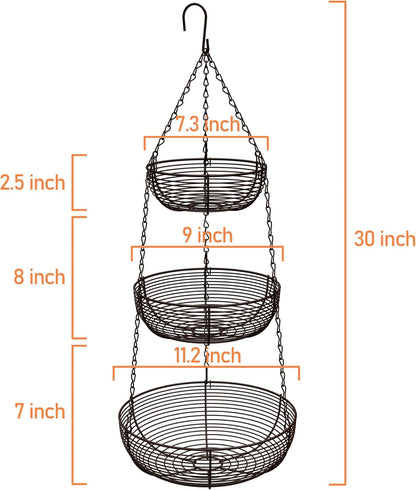 CAXXA 3-Tier Hanging Basket Fruit Organizer Kitchen Heavy Duty Wire Organizer with 2 Free Bonus Metal Ceiling Hooks(Bronze)