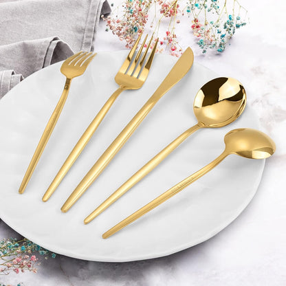 KassKa Gold Silverware Set, 20 Pieces Flatware Cutlery, Stainless Steel Utensils Spoon Fork Knives for Home Restaurant and Kitchen, Mirror Polished Finished, Service for 4