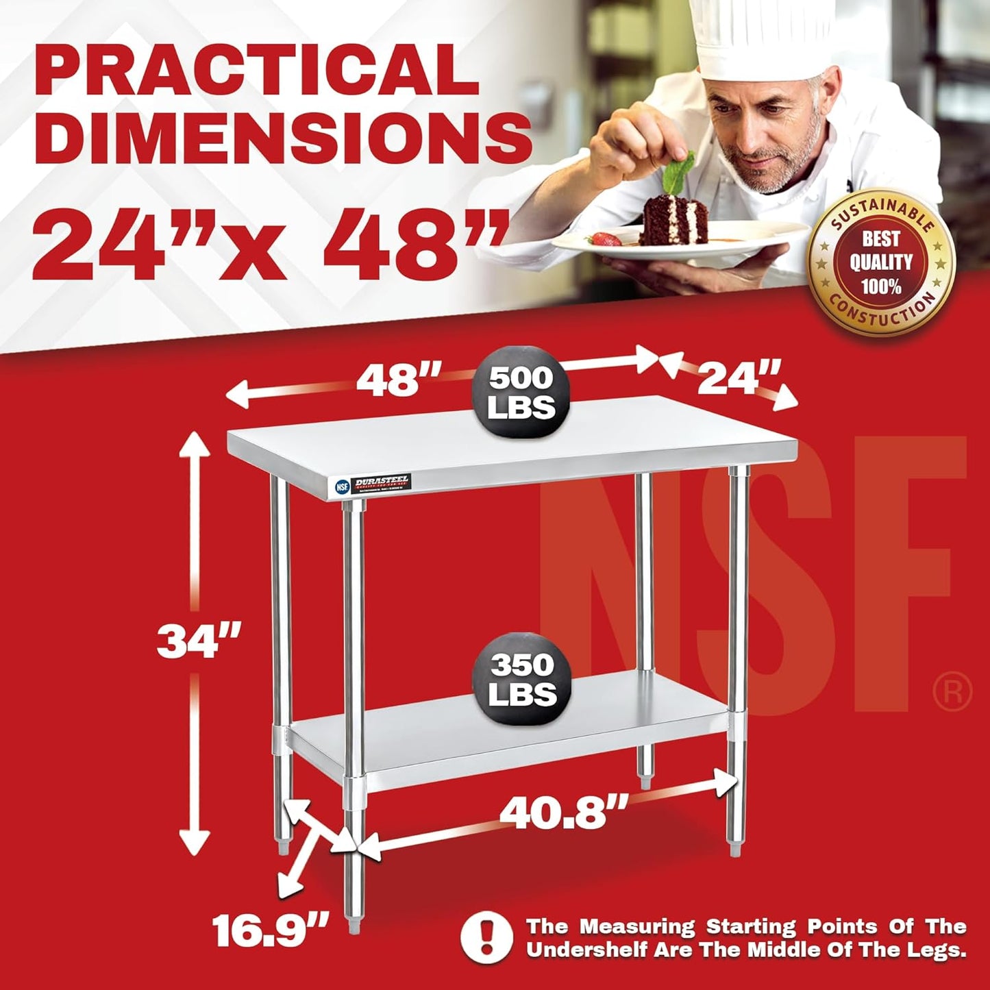 DuraSteel 24x48 Stainless Steel Work Table - NSF Commercial Prep Metal Table - Outdoor Pizza Oven Stand w/Under Shelf - Kitchen Island Laundry Utility Garage Microwave Stand Large Rolling Storage Cart