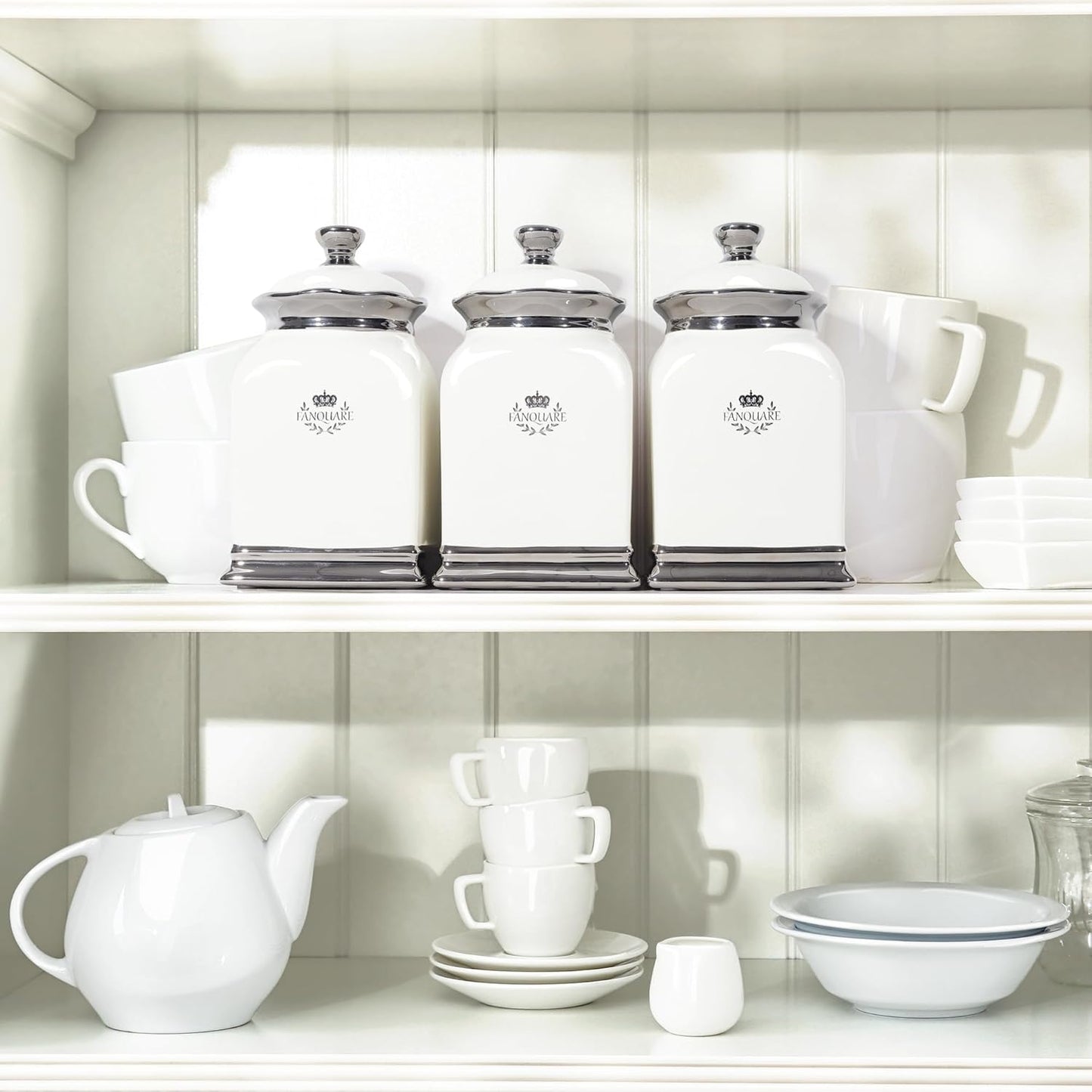 fanquare 30 OZ Cookie Jar, White Kitchen Canisters Set of 3, Farmhouse Porcelain Decorative Jars for Countertop, Ceramic Storage Jar for Coffee, Sugar, Tea Bag