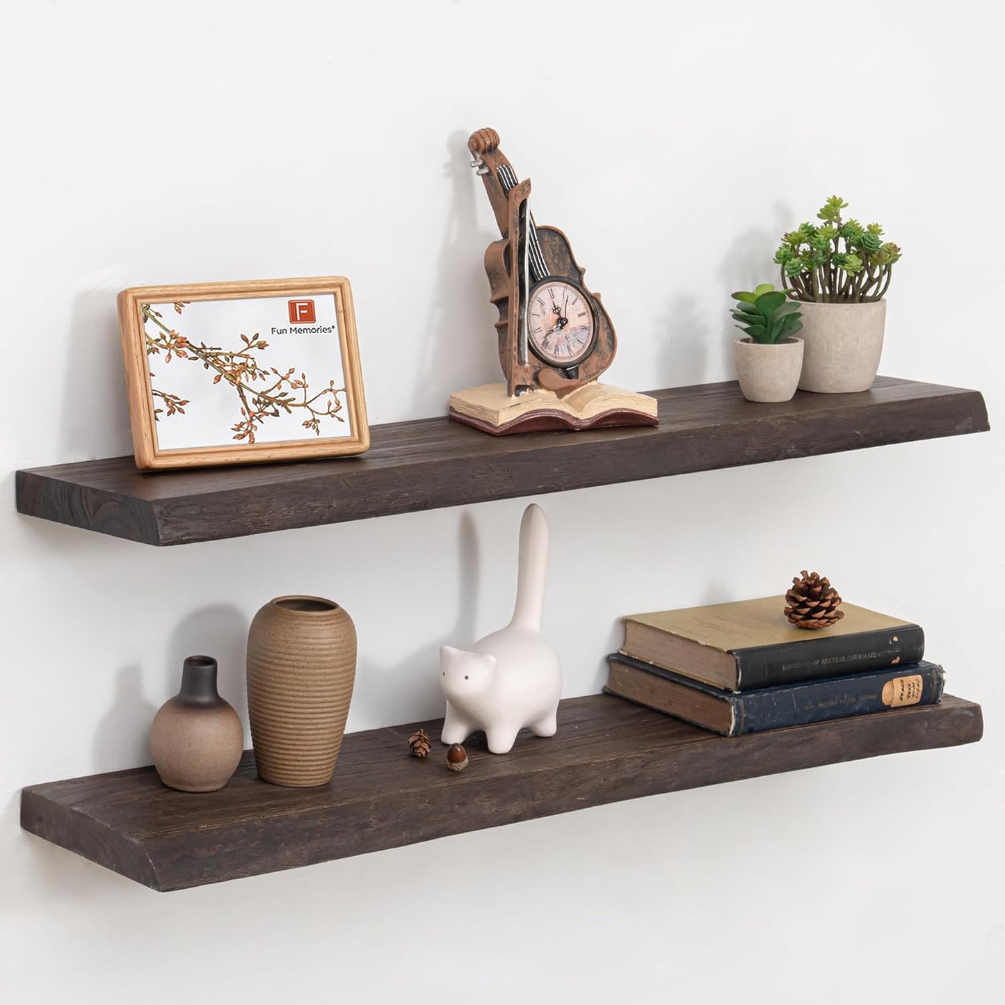 Fun Memories Solid Elm Wood Floating Shelves, 36 Inch Floating Shelves for Wall, Wall-Mounted Live Edge Wooden Shelves with Invisible Heavy-Duty Brackets for Books, Bathroom, Kitchen, Walnut Finish