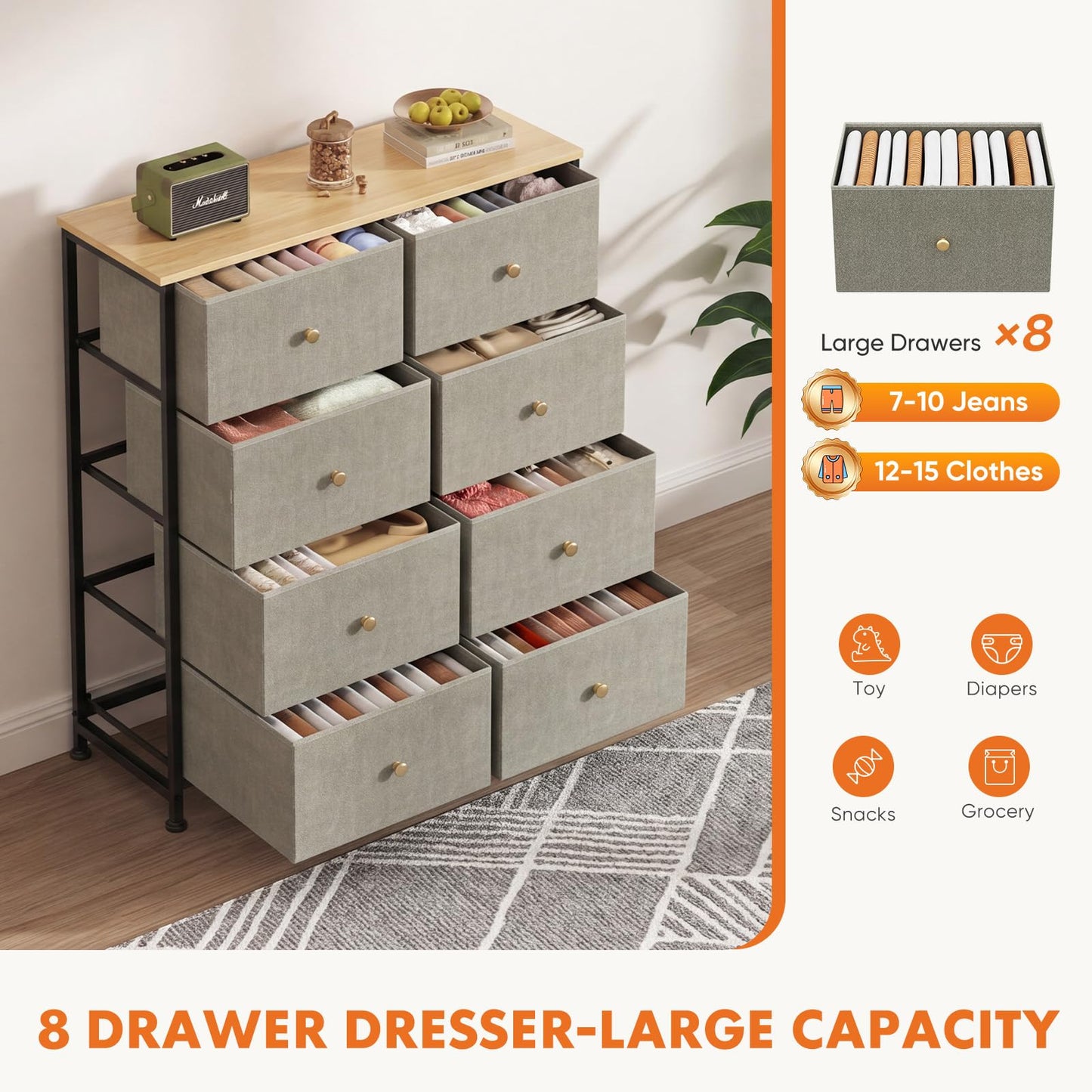Sweetcrispy 8 Drawer Fabric Dresser, Tall Storage Tower for Bedroom