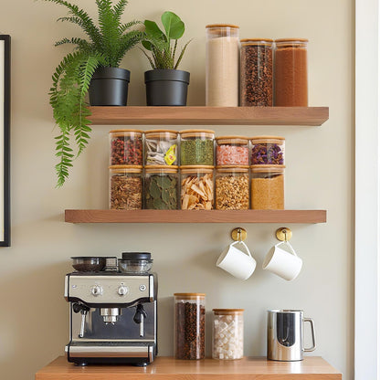 ComSaf Airtight Glass Food Storage Jars Set of 6, 0.6 Qt Clear Glass Food Storage Container with Sealing Wooden Lid, Stackable Spice Jar, Round Kitchen Canister for Sugar, Tea, Coffee bean, Pasta, Oat