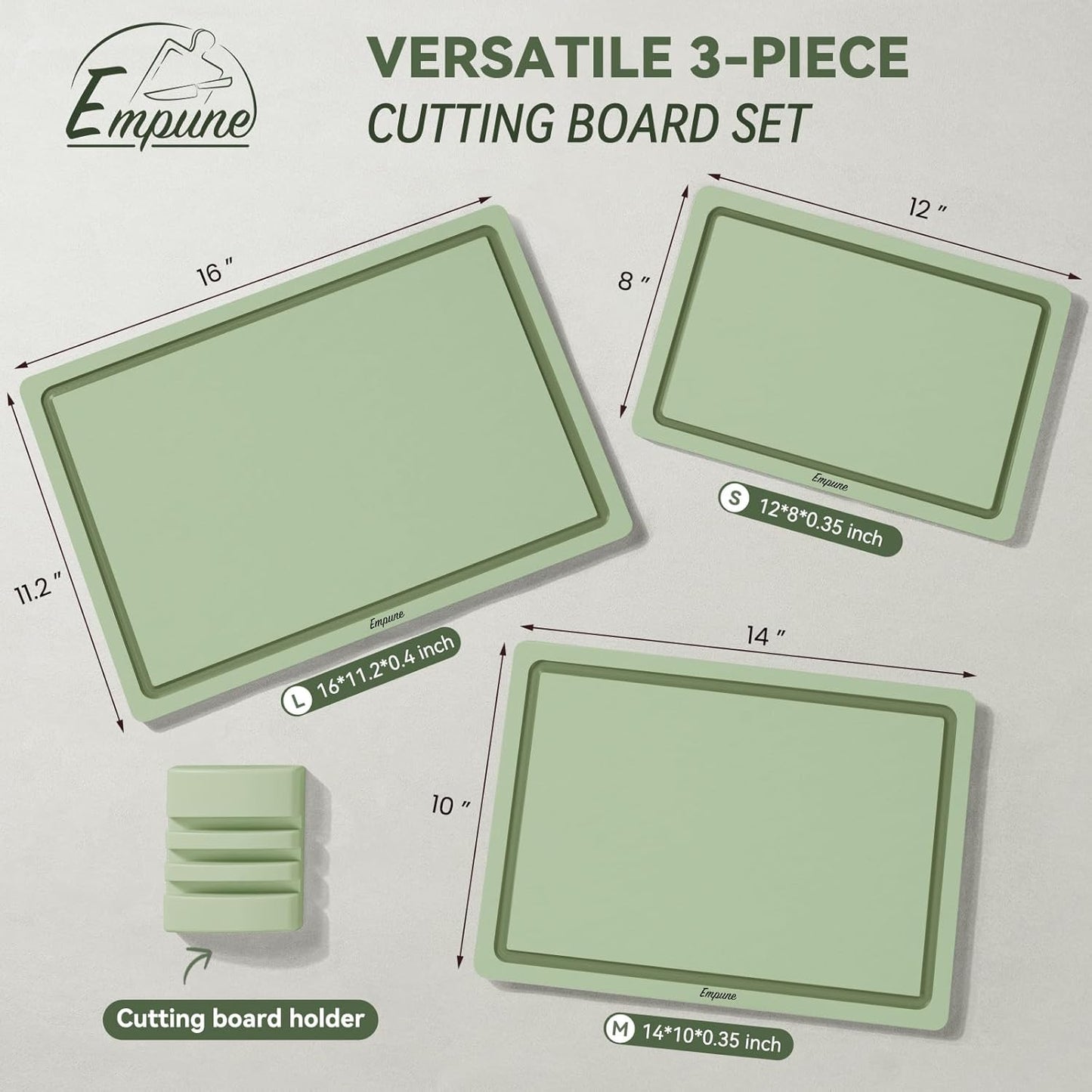 Empune Plastic Cutting Board Set, Recycled Plastic Cutting Boards for Kitchen (Set of 3), Dishwasher Safe Large Chopping Board with Holder, Non-slip Feet and Juice Grooves, Nonporous, Green
