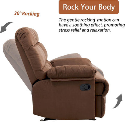 Rocker Recliner Chair, Overstuffed Manual Rocking Recliner for Adults, Upholstered Comfy Soft Fabric Living Room Reclining Sofa Chair (Brown Fabric)