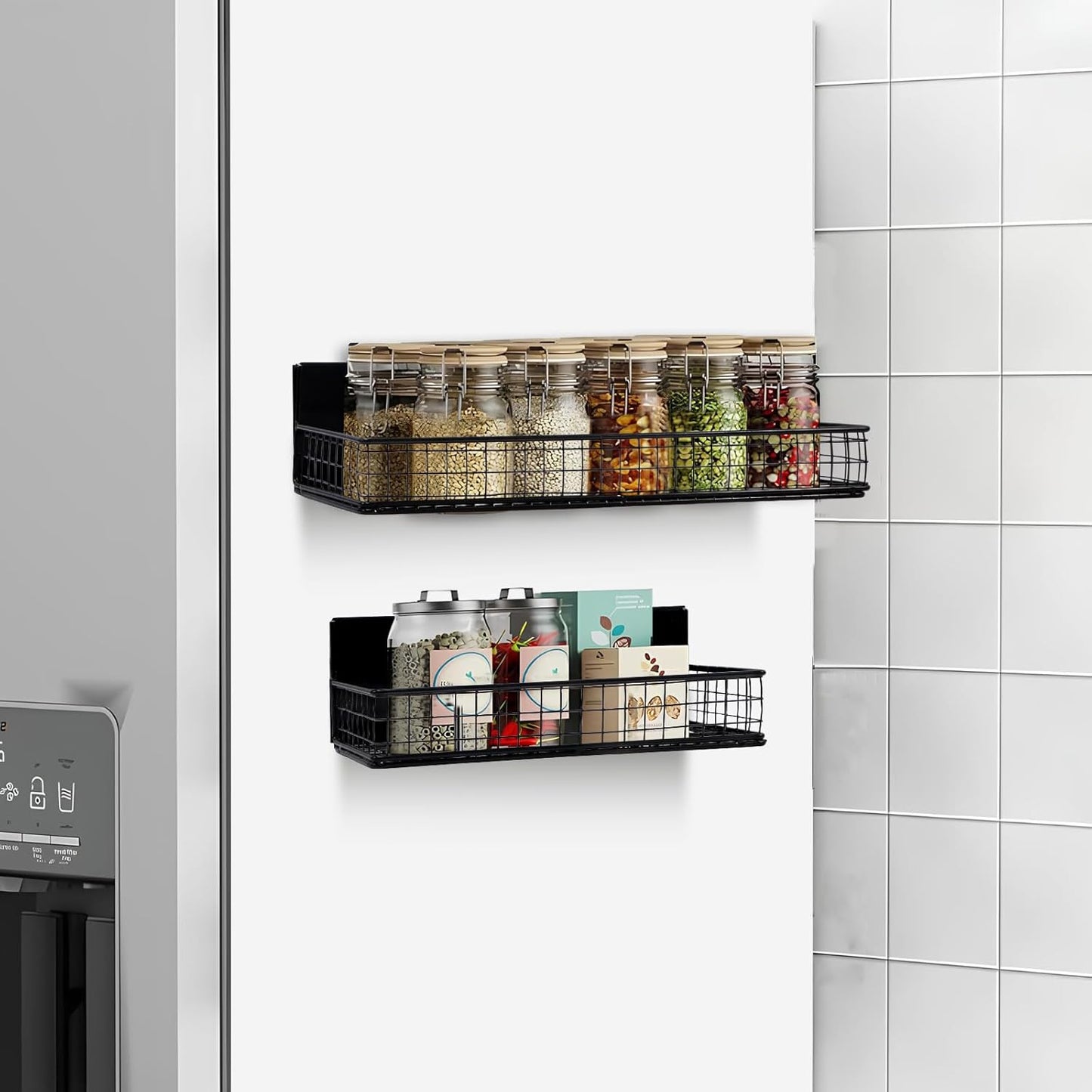 Magnetic Storage Basket, Magnetic Shelf for Fridge,Magnetic Spice Rack Wire Mesh Magnetic Organizer Holder Accessories for Office Kitchen Classroom Storage, Black-Short, Large x1&Small x1 Set of 2