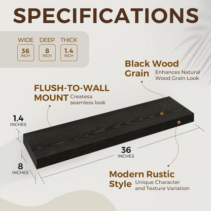 36 inch Floating Shelves Wall Shelves for Office with Invisible Brackets, 8 inch Deep Shelves for Bathroom, Living Room, Kitchen, Office, 36x7.9 inch deep Set of 2, Black