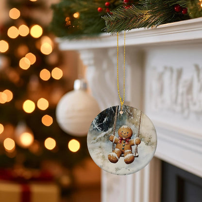 Vintage Christmas Gingerbread Ceramic Ornament Gifts, Rustic Winter Gingerbread Swing Decorative Hanging Ornaments for Xmas Tree Holiday Party Decoration, Winter Xmas Tree Decorations