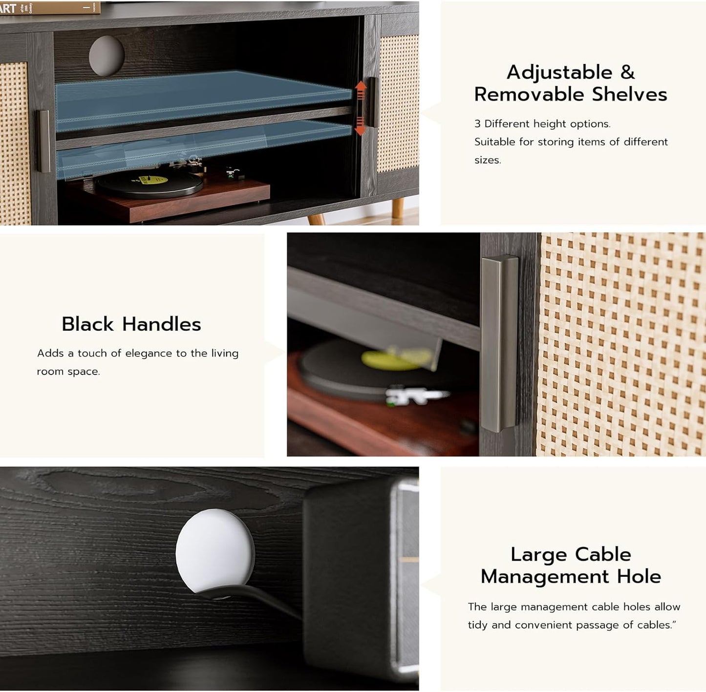 TV Stand for TVs up to 65'', Entertainment Center with Rattan Door, Shelves & 2 Cabinets, Boho Media TV Console for Living Room, Bedroom, Black