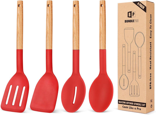 Pack of 4 Silicone Cooking Utensils Set, Non Stick Solid Spatulas and Heat Resistant Slotted Spoons