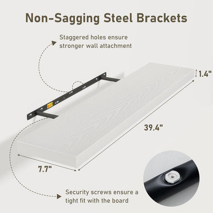 White Floating Shelves Wall Shelf 40 Inch, 8 Inch Deep Floating Shelf for Wall, Farmhouse Black Wood Shelves Invisible Bracket for Living Room, Bedroom, Kitchen, 40 x 8 x 1.4 Inch, Set of 2