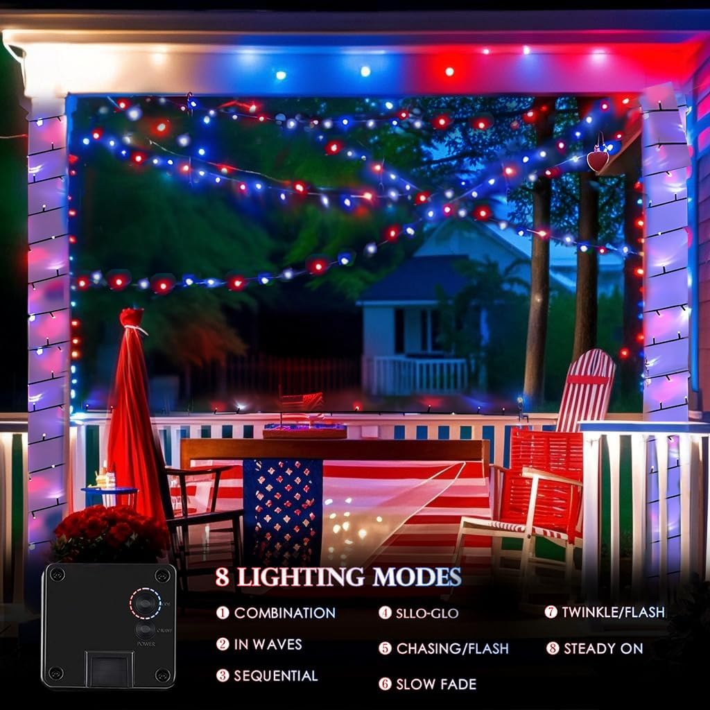 4th of July Decorations Outdoor, 4pk Red White and Blue Solar String Lights, 400LED 132FT LED Patriotic Light Waterproof, Solar Fairy Twinkle Light for Independence Day Yard Garden Tree Decorations