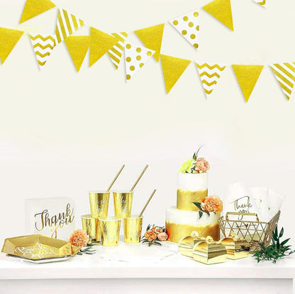 39Ft White and Gold Party Decorations Polka Dot Stripe Triangle Pennant Banner Glitter Foil Paper Flag Bunting Garland for Birthday Graduation Anniversary Wedding Bridal Baby Shower Hen Party Supplies