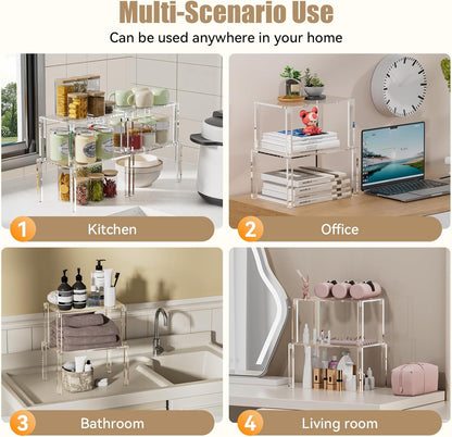 Clear Cabinet Organizer: Acrylic Shelf Riser Set of 4 for Kitchen Pantry Organizers and Storage - Countertop Spice Rack for Cabinet - Stackable Display Shelf Decor for Gift