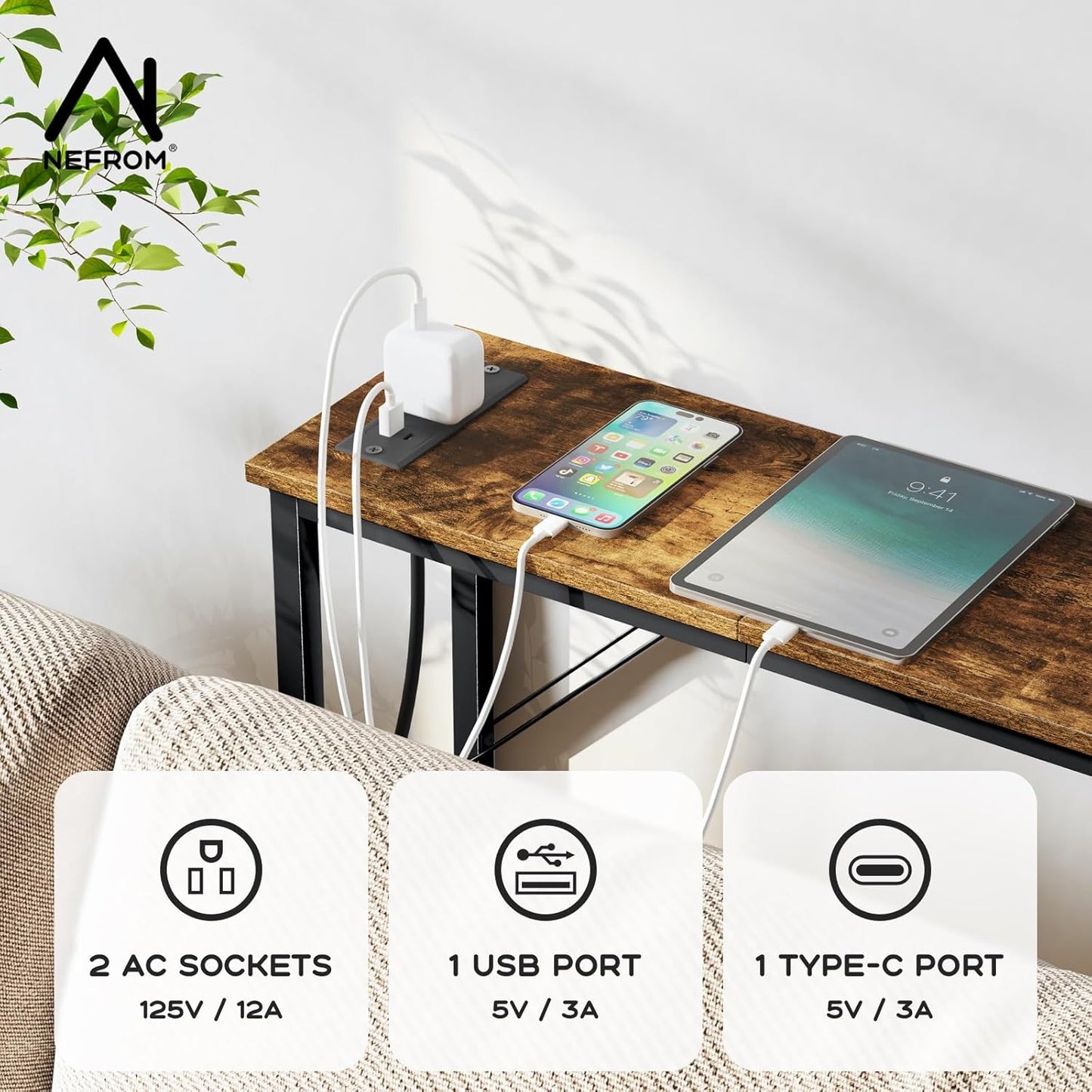 39.4" Console Table, Skinny Entryway Table with Fast-Charging Station, Narrow Long Sofa Table, Behind Slim Couch Table for Entrance, Hallway, Living Room Decor ST-BR100-1