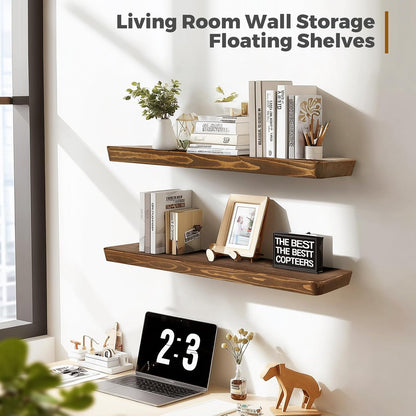 36"x6.8"x1.6" Slanted Floating Wall Shelves 2-Pack - Rustic Brown Finish, Heavy-Duty Solid Wood Design with Hidden Brackets - Perfect for Living Room, Kitchen, Bathroom, or Office
