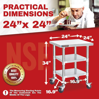 DuraSteel Stainless Steel Work Table 24" x 24" x 34" Height w/ 4 Caster Wheels - Food Prep Commercial Grade Worktable - NSF Certified - Good for Restaurant, Business, Warehouse, Home, Kitchen, Garage