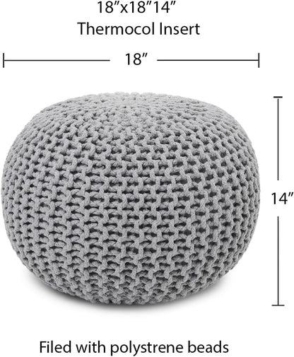 REDEARTH Round Boho Pouf Ottoman - Cable Knitted Cord Boho Pouffe - Stuffed Poof Accent Beanbag Footrest for Living Room - Nursery - Bedroom - Covered Patio - Study Nook (18”x18”x14”) - Gray-S
