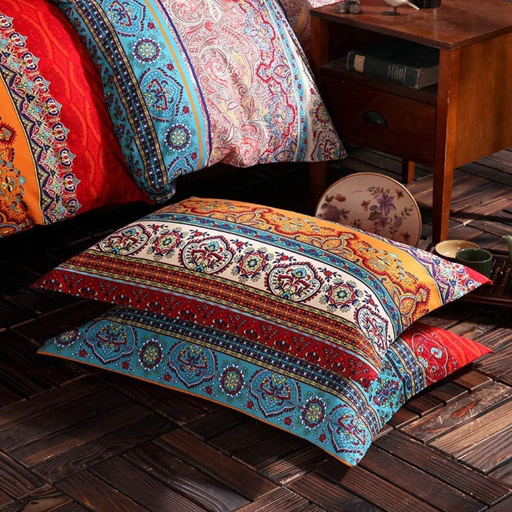ABREEZE 3Pcs Bohemia Retro Bedding Ethnic Vintage Floral Duvet Cover Boho Bedding 100% Brushed Cotton Bedding Sets Damask Paisley Coloful Mandala Down Comforter Cover,King
