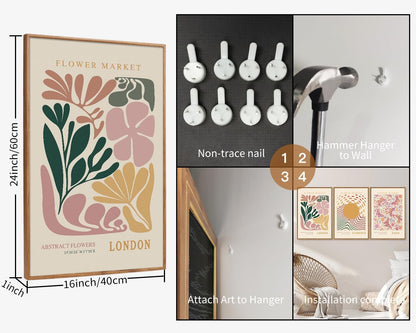 Tinonedraw Boho Flower Market Framed Canvas Wall Art Set, Pink Beige Cute Butterfly Wall Decor, Colorful Abstract Floral Wall Painting, Modern Matisse Art Print for Girls Room Bedroom Office Nursery 16"x24"x3