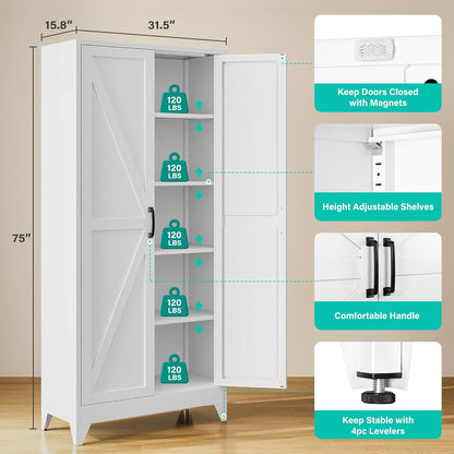 75" Tall Pantry Cabinet,Farmhouse Kitchen Pantry Storage Cabinets with 2 Doors and 5 Shelves,White Metal Storage Cabinet,Large Cupboard for Home,Kitchen,Dining/Living Room