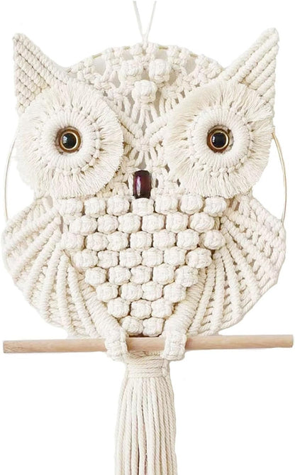 Owl Macrame Wall Hanging-Hand Woven Boho Tapestry-Macrame Wall Decor -Owl Decor for Bedroom, Living Room, Nursery (Beige-Large)