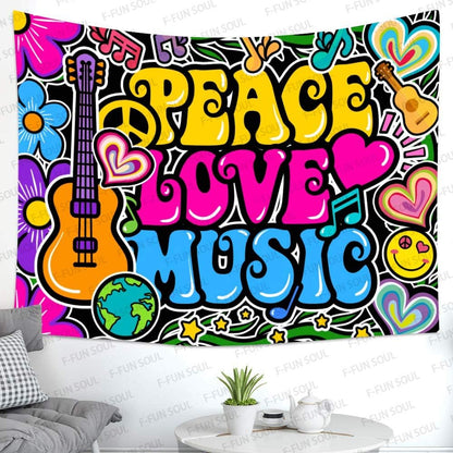F-FUN SOUL Peace Love and Music Tapestry, 80x60inches Soft Flannel, Guitar Symbol Dove Flowers Psychedelic Art Tapestries Wall Hanging for Bedroom Living Room Decor Banner