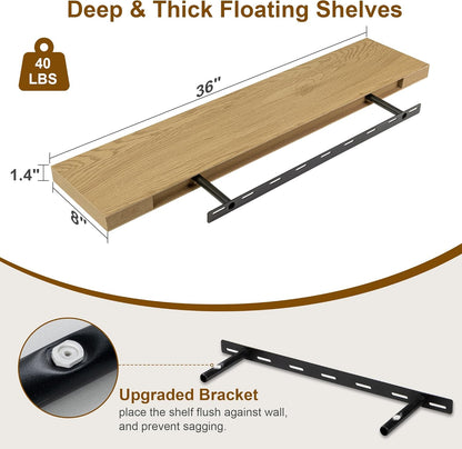 Fun Memories Floating Shelves 36 Inch Long, Deep Floating Shelf for Wall, 36 x 8 Floating Shelves Set of 2, 8 Inch Deep Wall Shelf for Living Room, Kitchen, Bedroom, Large Storage Shelves, Oak Color