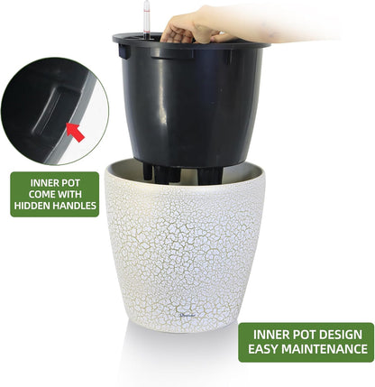 Dexceder 13x12 Self Watering Planter with Wheels Indoor Outdoor, Inner Pot Design, Thickened Large Floor Standing Flower Plant Pot with Water Level Indicator (White Gold Crackle)