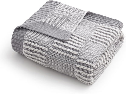 Amélie Home Chenille Knit Throw Blanket for Couch, Checkered Texture Decorative Soft Blanket for Sofa, Bed & Living Room, 50"x60", Grey & White