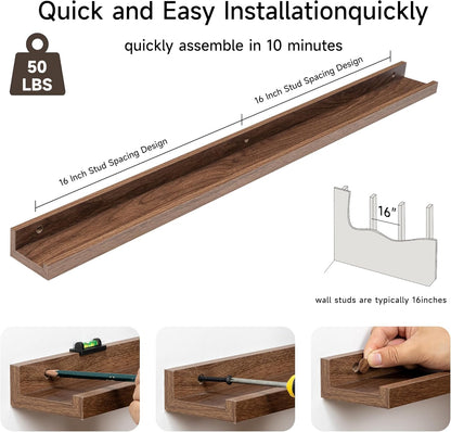 Fun Memories Picture Ledge Shelf, 36 Inch Floating Shelves Set of 2, Nursery Book Shelves for Toys Storage, Kids Bookshelf Wall Mounted for Wall Decor Books Photo Frames, Walnut