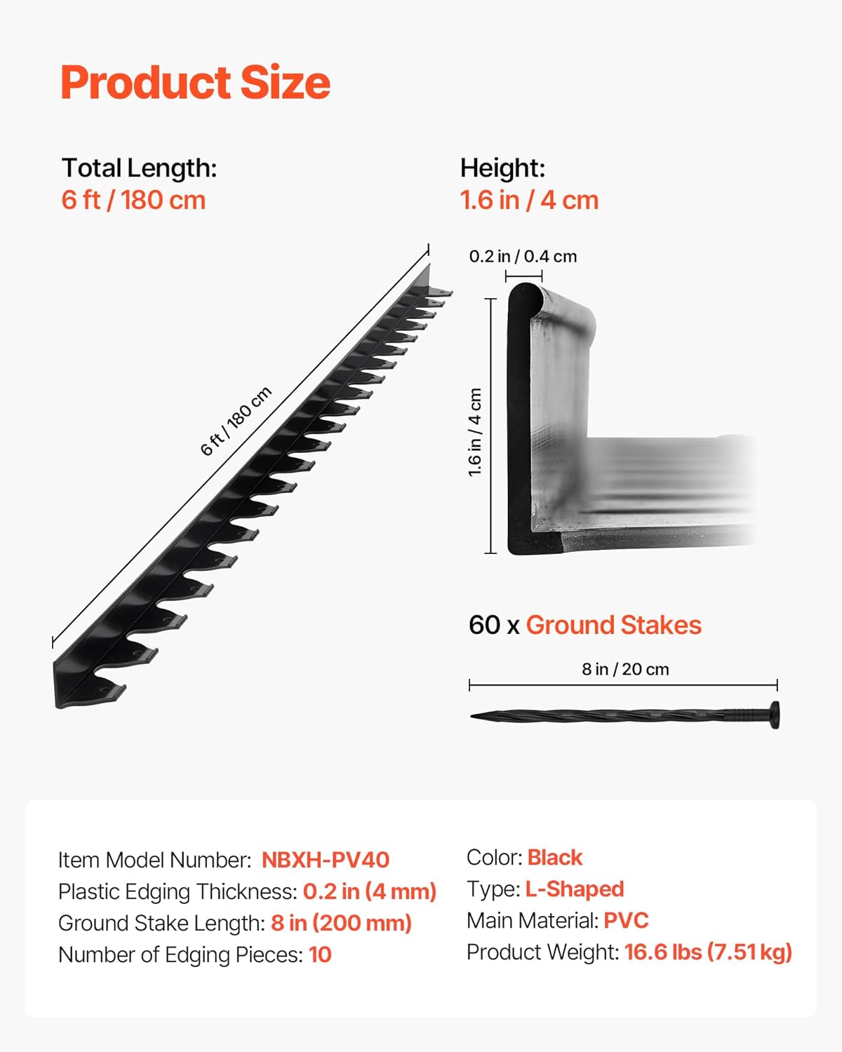 VEVOR Landscape Edging Border, 10Pcs 6 ft x 1.6 in Plastic Garden Edging with 60 Spikes, Sun-Resistant Flowerbed Borders, DIY Layout, No Dig Garden Edger Border Divider for Lawn Edgings for Yard
