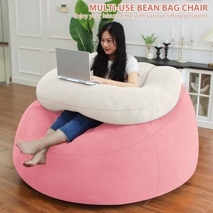 HABUTWAY Bean Bag Chair with U-Shaped Pillow for Adult and Kids Big BeanBag Chair with Filling Ultra Soft Teddy Fleece Couch Chair with Washable Cover for Living Room Bedroom Office, Beige-Light Pink