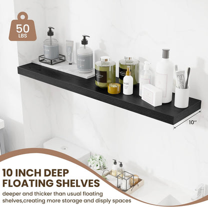 Fun Memories 10 Inch Deep Shelves, Floating Shelves for Wall 48 Inches Long, Wood Floating Shelves for Wall, Large Storage Shelves Wall Mount for Living Room Bedroom, Black, Set of 1