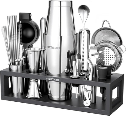 HMYBAR® Mixology Bartender kit | Cocktail Shaker Set | Boston Shaker Set, 20/28 OZ | Martini Making Set for Home Bar. Total 31 pcs incl 39-Recipe Cocktail Cards. Silver Tools. Bamb Stand Black Color