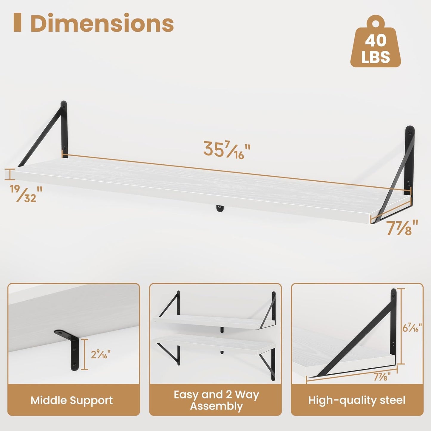 Heimlove 36 Inch White Floating Bookshelves Set of 3,Heavy Duty Wall Mounted Bookshelves,Wall Bookshelf for Living Room,Bedroom,Kitchen,Laundry Room Storage & Decor