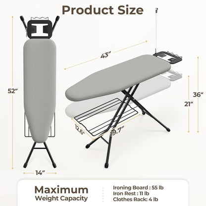 Yaheetech Ironing Board, Compact Iron Board with Cord Holder, Steam Iron Rest and Bottom Storage Tray, 9 Adjustable Heights & 3 Layer Cover, Folding Heavy Duty Ironing Board 52X14, Gray