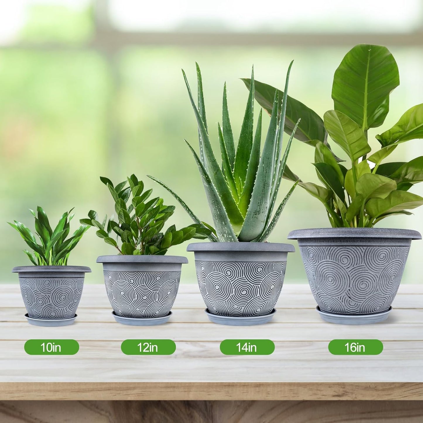 14 Inch Large Planter Pot for Plants Indoor Outdoor, 4 Pack Plastic Flower Pots with Drainage Hole & Tray, Modern Decorative Garden Pot with Saucer, Plant Container for House