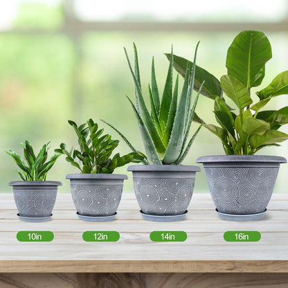 12 Inch Large Planter Pot for Plants Indoor Outdoor, 4 Pack Plastic Flower Pots with Drainage Hole & Tray, Modern Decorative Garden Pot with Saucer, Plant Container for House