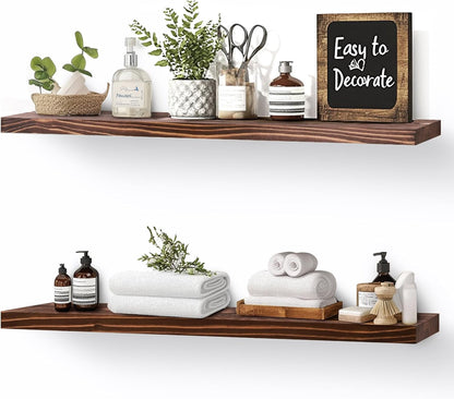 Floating Wall Shelves 2-Pack - 24-Inch Rustic Brown Wooden Shelves for Storage and Décor, Easy Installation for Living Room, Bedroom, and Kitchen