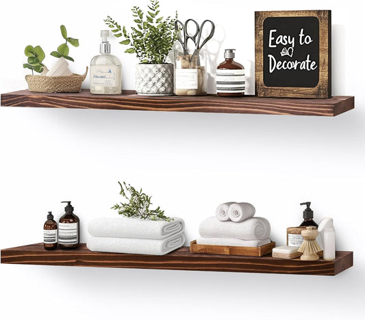 Floating Wall Shelves 2-Pack - 24-Inch Rustic Brown Wooden Shelves for Storage and Décor, Easy Installation for Living Room, Bedroom, and Kitchen