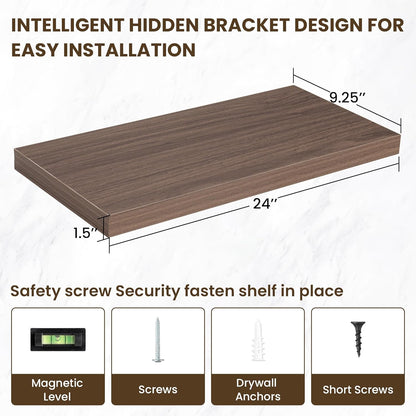 24 Inch Floating Shelves, 24"x9.25"x1.5" Inch Deep Floating Shelves for Wall, Wooden Shelves for Bathroom, Bedroom, Living Room, Walnut
