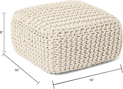 REDEARTH · Cube Low Pouf Foot Stool Ottoman - Hand Knitted Poof - Cord Boho Pouffe - Home Décor - Stuffed Footrest for Living Room - Nursery - Bedroom - Covered Patio - Room (16" x 16" x 8") - Ivory
