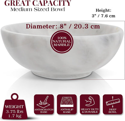 Gusto Nostro 8" Luxury White Marble Decorative Bowl for Coffee Table - Elegant Modern Fruit Bowl for Kitchen Counter - Heavy Stone Entryway Catch all for Keys, Jewelry, Potpourri Holder - Medium Size