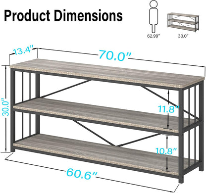 LVB Extra Long 3-Tier Sofa Table, Industrial Console Table with Storage Shelf, Modern Rustic Wood Metal Narrow Entryway Table, Skinny Behind Couch Table for Foyer Living Room Bedroom, Light Grey, 70In