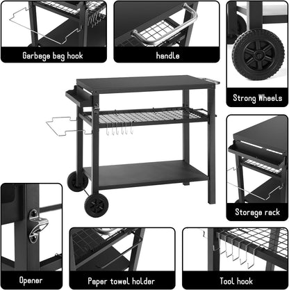 Grill Cart Table with Three Shelf, Movable Outdoor Dining Cart Pizza Oven Stand with Three Hooks, Kitchen Cart Island Multifunction Food Prep Table (Black)