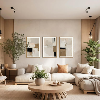 HPINUB Large Modern Abstract Framed Canvas Wall Art Set,Geometric Line Black White and Beige Textured Wall decor Neutral Gray Minimalist Art Print for Living Room,Bedroom,Dining Room,Office -16"x24"x3