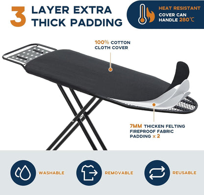 Ironing Board Full Size, RAINHOL 54"x13" Heavy Duty Compact Ironing Board with Iron Rest, Heat Resistant Cover with Ultra Thick Padding, Height Adjustable Sturdy Iron Stand, Black