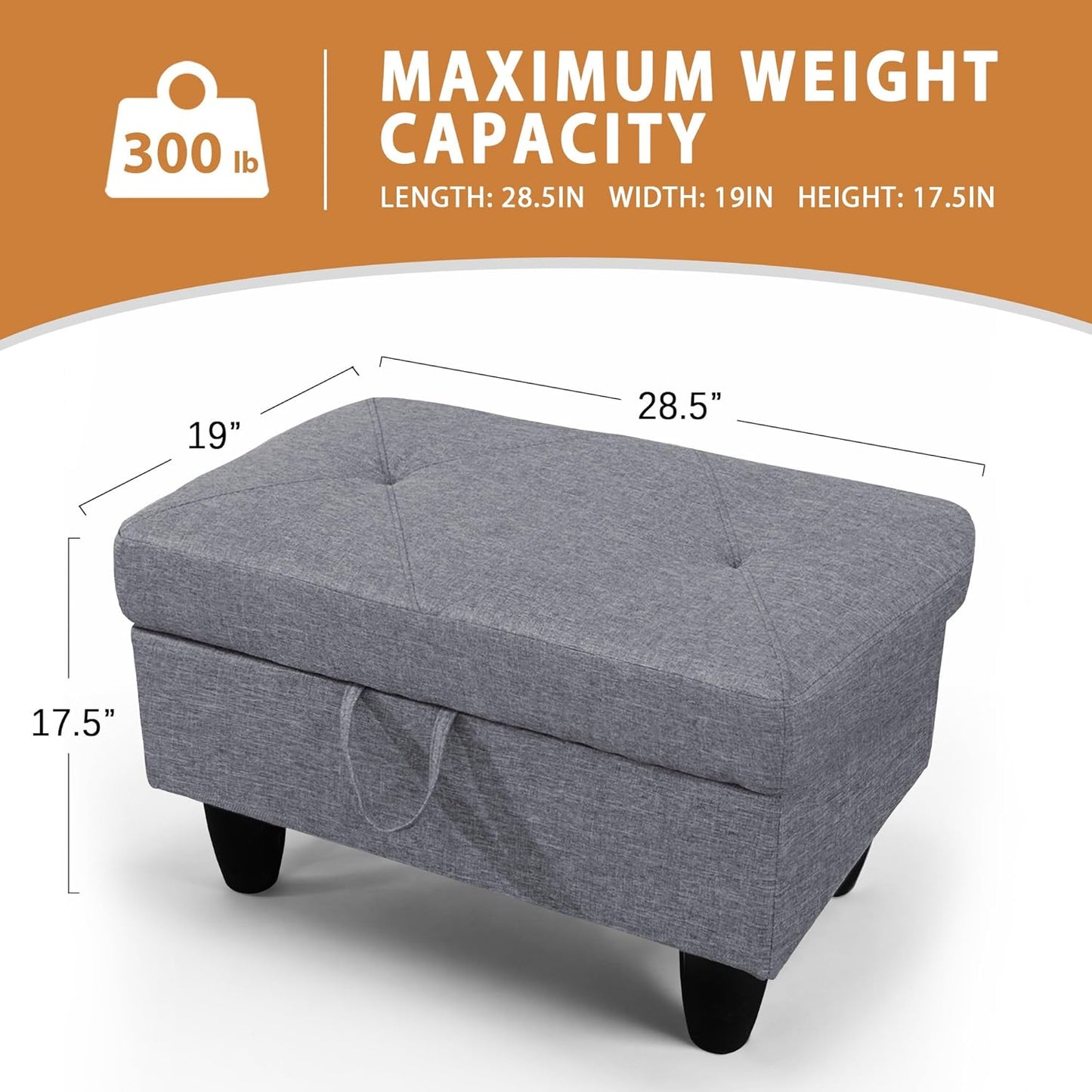 Ottoman Rectangular Storage Ottoman Bench, Flannel Footrest Stool Footstool with Lid for Living Room, Bedroom, Entryway, Gray, 28.5"x19"x17.5"